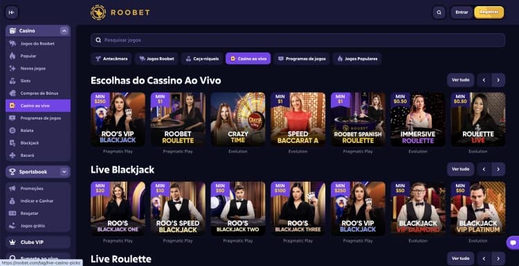 Captura de tela Cassino ao Vivo da Roobet com as top picks: Sweet Bonanza e Roleta ao vivo