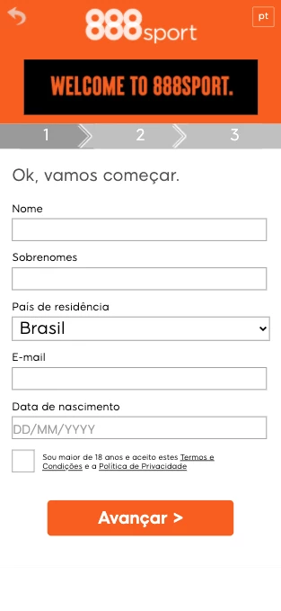 Captura de tela Processo de Registo na 888Sport