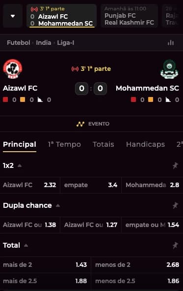 Captura de tela Aposta ao Vivo AmuletoBet em uma partida de futebol entre o Aizawl Fc e o Mohammedan SC