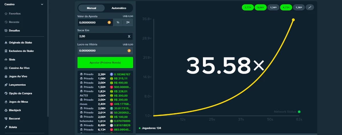 Captura de tela Stake Crash em ação.