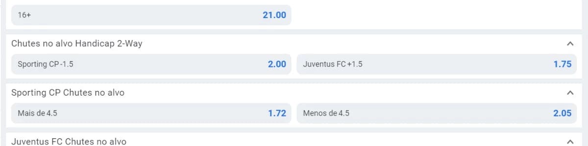 Captura de tela odds do Mercado 2-Way betano no jogo Sporting x Juventus