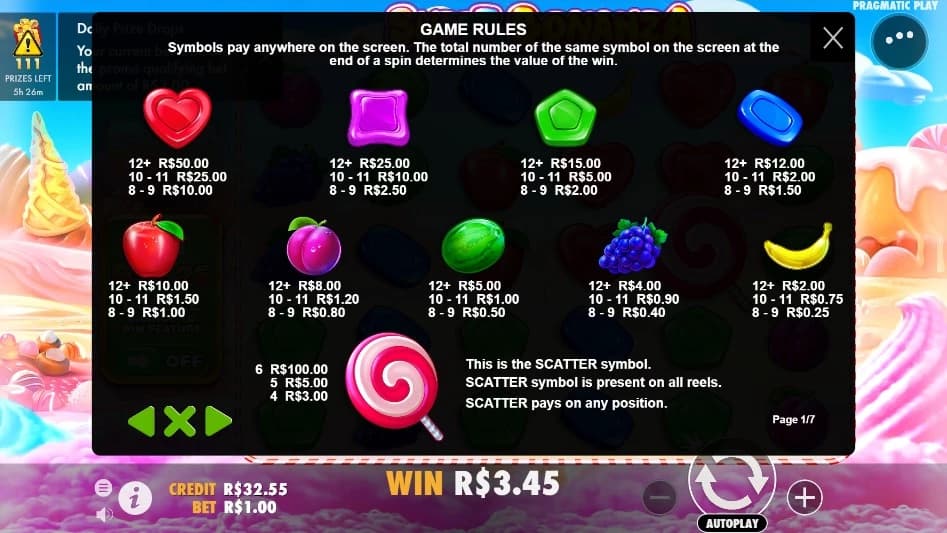 Captura de tela Valores dos Símbolos do slot Sweet Bonanza