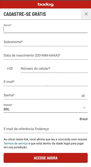 Captura de tela Página com dados para preenchimento para cadastro no site de Bodog Brasil