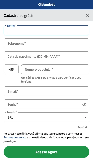 Página de Registo na Bumbet