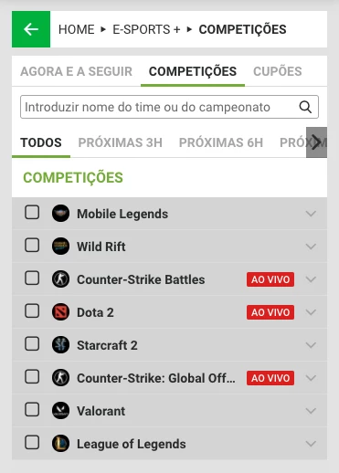 Captura de tela Mercado de Apostas em E-Sports Campobet