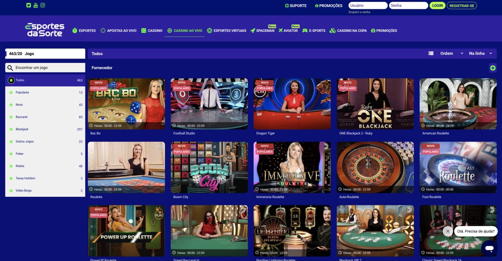 Captura de tela Homepage do Cassino ao vivo da casa de apostas Esportes da Sorte