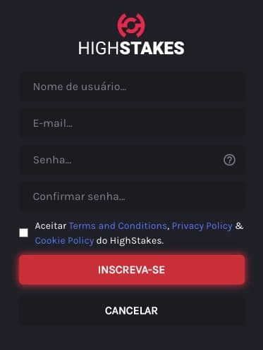 Captura de tela Formulário de Cadastro na HighStakes