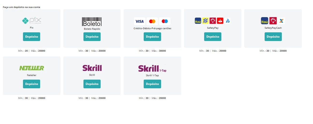 Captura de tela Lista de Métodos de pagamento disponíveis Novibet