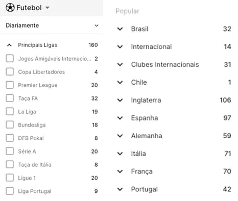 Captura de tela Mercado de apostas em futebol com lista de campeonato e países Rivalo