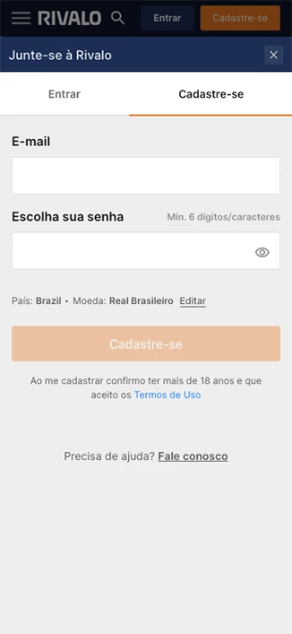 Captura de tela Processo de Cadastro Rivalo