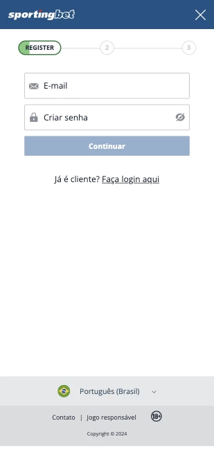 Captura tela E-mail e senha são passos necessários para realizar Cadastro da Sportingbet