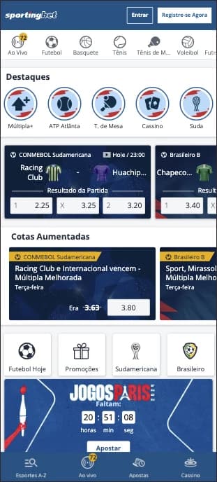Captura de tela Homepage Sportingbet com botão para registar-se no canto superior direito