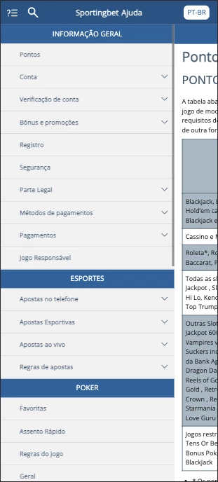 Captura de tela Lista de FAQs na Central de Ajuda Sportingbet