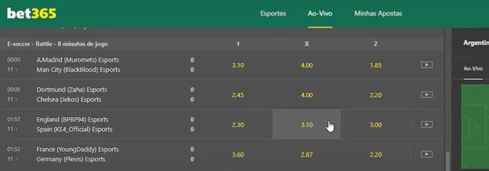 Captura de tela Simulação de uma AAposta Simples em Resultado Final no FIFA bet365