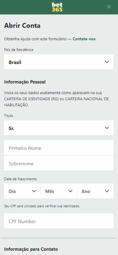 Print do formulário de cadastro na bet365