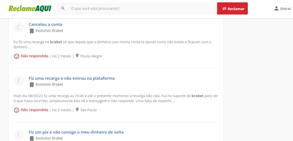 Captura de tela Reclamações referentes à Brabet no Reclame Aqui!