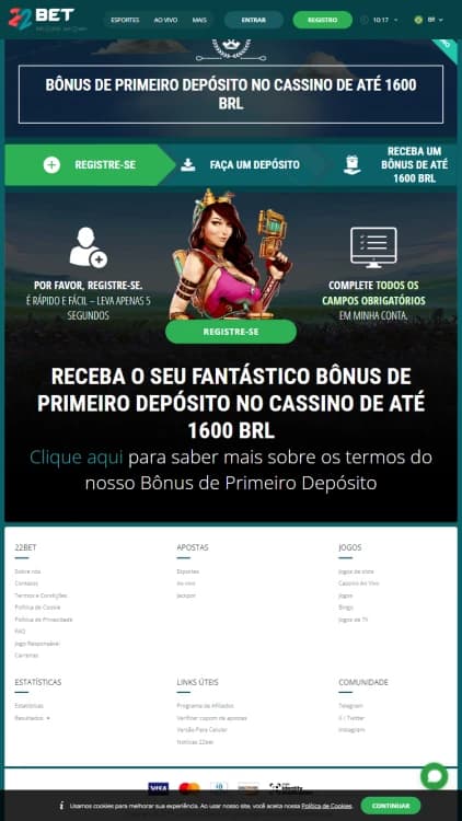 Print do bônus de boas-vindas de cassino da 22Bet