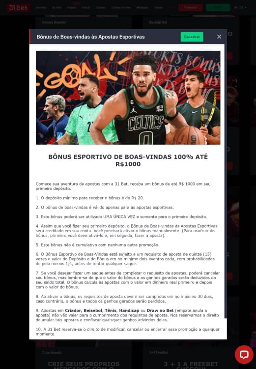 Print do bônus de boas-vindas da 31bet