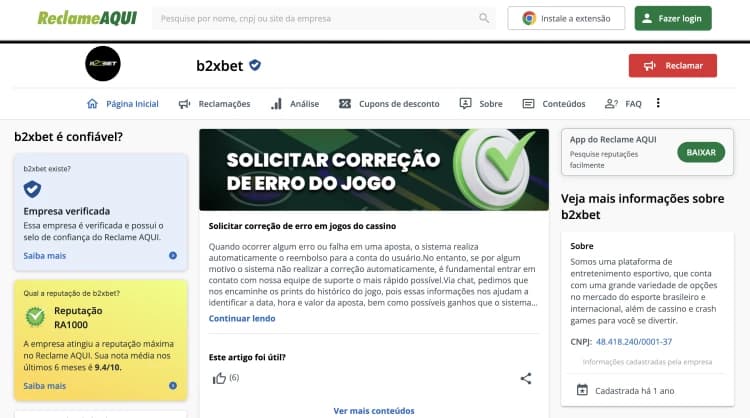 Captura de tela Perfil da casa de apostas B2XBet Reclame Aqui