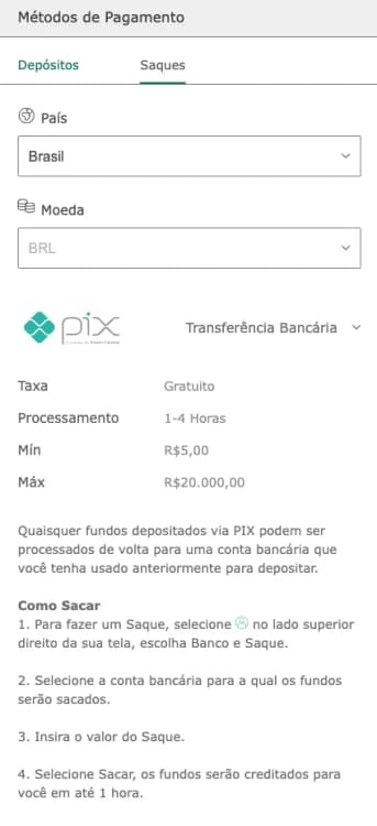 Captura de tela sobre o tempo de processamento se saque via pix na bet365