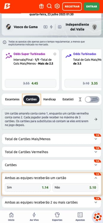 Captura de tela Mercado ambas as equipes receberão um cartão na Betano