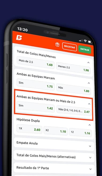 Captura de tela Captura de tela Mercado Ambas equipes Marcam ou Mais de 2.5 Betano