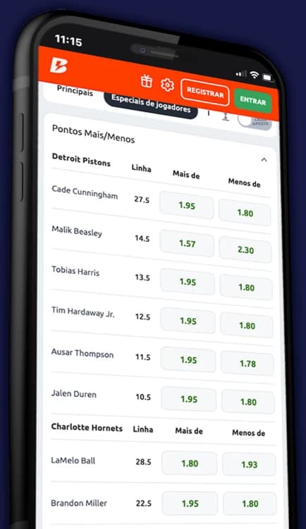 Print da app da betano na seção para Apostar no jogador que fará mais pontos