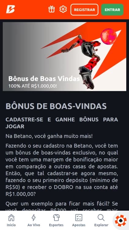 Captura de tela bônus de boas-vindas da Betano