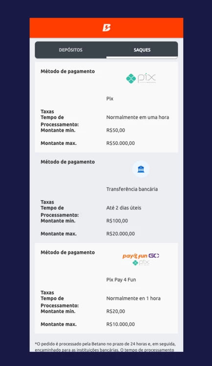 Captura de Tela meios de saque disponíveis e na Betano e tempo de processamento de cada um.