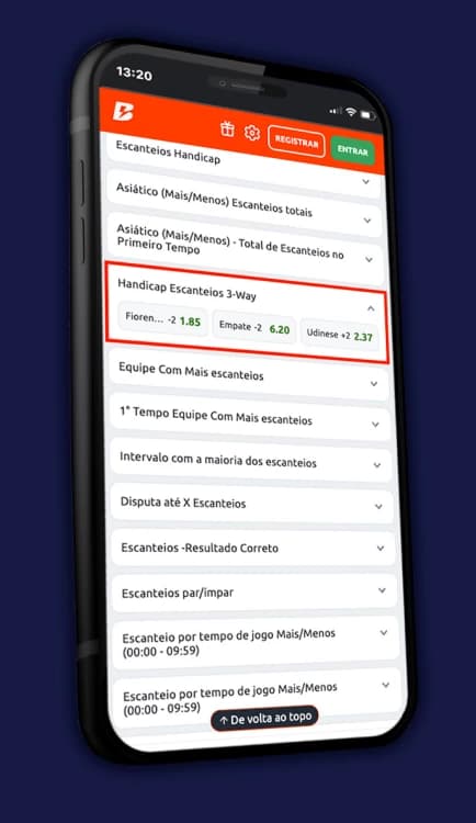 Captura de tela Odds de Aposta em Handicap Escanteios 3-Way Betano