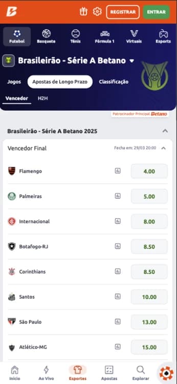 Captura de tela Mercado de longo prazo - Aposta em Vencedor Final no Brasileirão na Betano