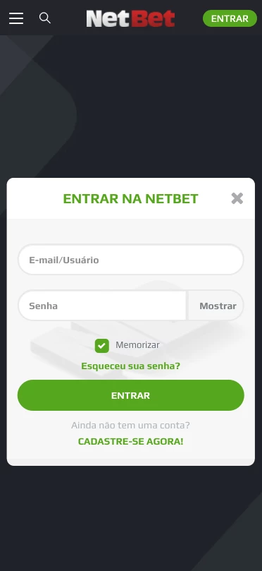 Captura de tela processo de login Netbet