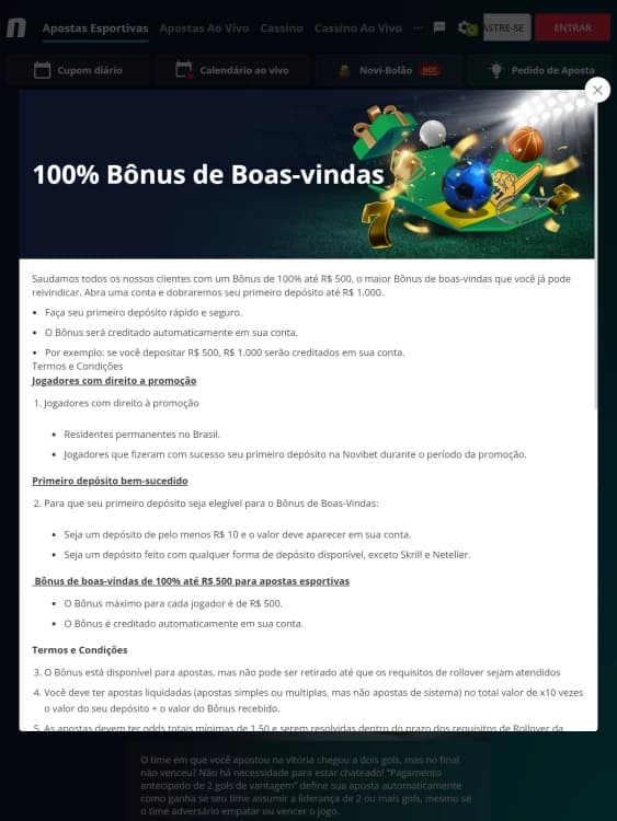 Print do bônus de boas-vindas da Novibet