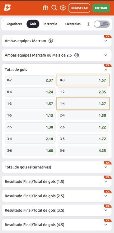 Captura de tela Aposta em intervalo de gols na Betano