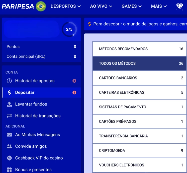 Captura de tela 36 opções de depósito disponíveis na Paripesa