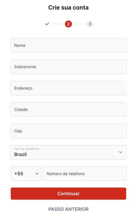 Captura de tela Cadastro Superbet: nome, sobrenome, enderenço, cidade, cep, país residente e número