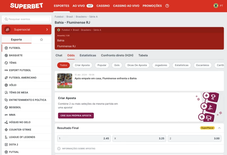 Captura de tela Mercado de Apostas Esportivas Superbet 