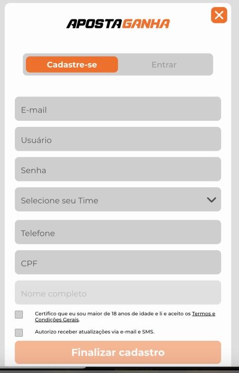 Captura de tela Formulário de Cadastro na Aposta Ganha