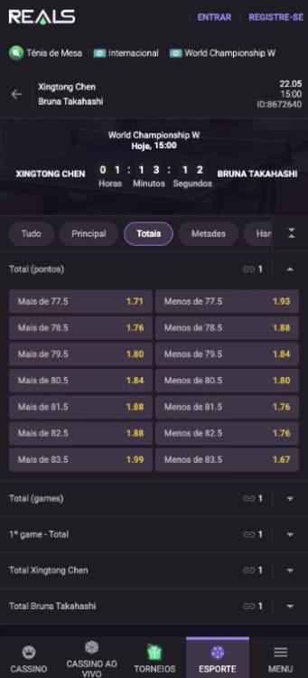 Mercado mais/menos em total de pontos em aposta de tênis de mesa na Realsbet