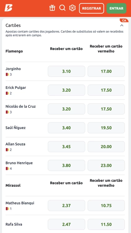 Captura de tela mercado de aposta em cartões na Betano