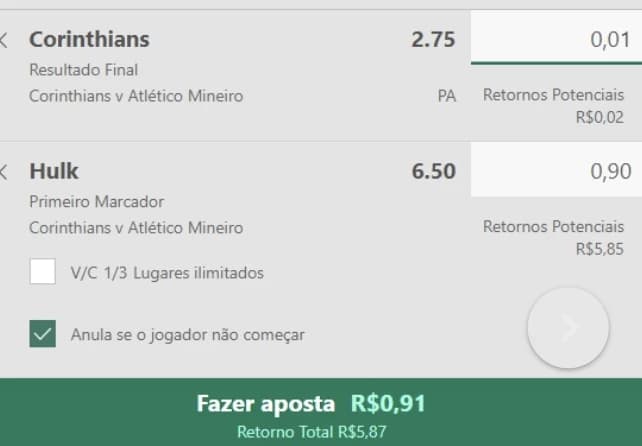 Captura de tela Aposta múltipla de R$0,91 superior a 50 centavos na bet365