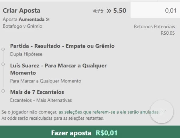 Captura de tela Aposta aumentada de R$0,01 inferior a 50 centavos na bet365