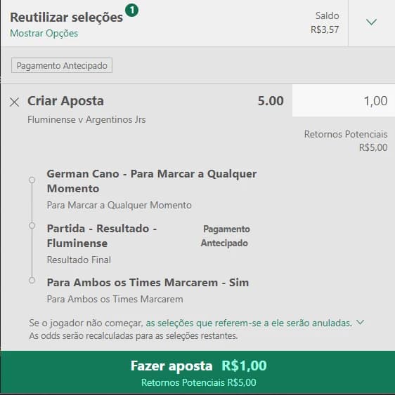 Captura de tela Bilhete de aposta personalizada na Bet365