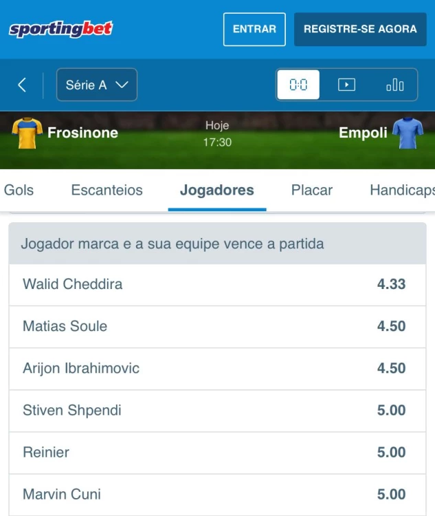 Captura de tela Aposta Jogador marca e a sua equipe vence a partida Sportingbet