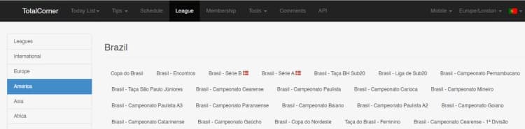 Captura de tela Mercado Brasileiro Média Total de escanteios Total Corner
