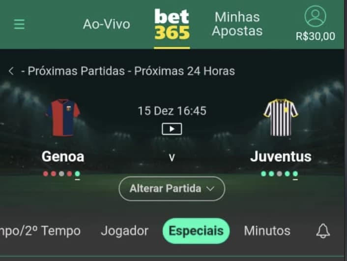 Captura de tela para apostar ao-vivo em partida ou time selecionar Aba Especiais na bet365