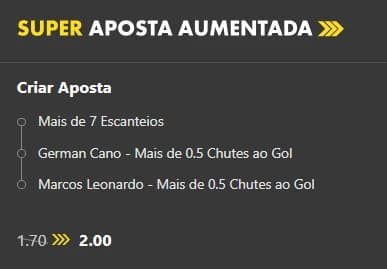 Captura de tela super aposta aumentada em aposta múltipla bet365 de 1.70 para 2.00 em mais de 7 escanteios no jogo e mais de 0.5 chutes a gol de German Cano e Marcos Leonardo