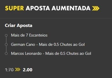 Captura de tela super aposta aumentada bet365 de 1.70 para 2.00 em mais de 7 escanteios no jogo e mais de 0.5 chutes a gol de German Cano e Marcos Leonardo