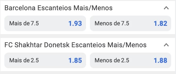 Captura de tela Odds de Aposta em Escanteios Mais/Menos por time (Barcelona x Shakhtar Donetsk)