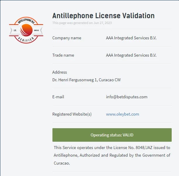 Certificado de Licença de jogo concedida pela Antillephone à Oleybet